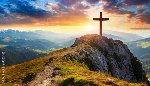 christian cross on top of a mountain sunset landscape easter wallpapers generative ai photo