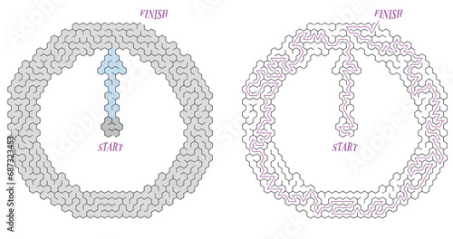 Maze inside a shape of the clock icon. Vector flat timekeeper with labyrinth inside. Nice style pattern for print, game or design. Hexagonal cell. Solution included