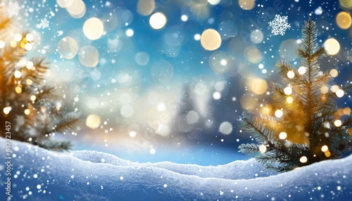 christmas winter background with snow and blurred bokeh merry christmas and happy new year greeting card with copy space © Irene