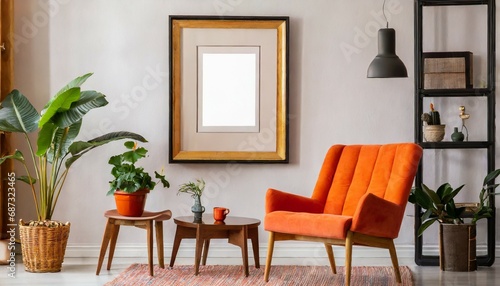mockup picture frame on wall in minimalist bright interior with orange armchair small table and houseplant