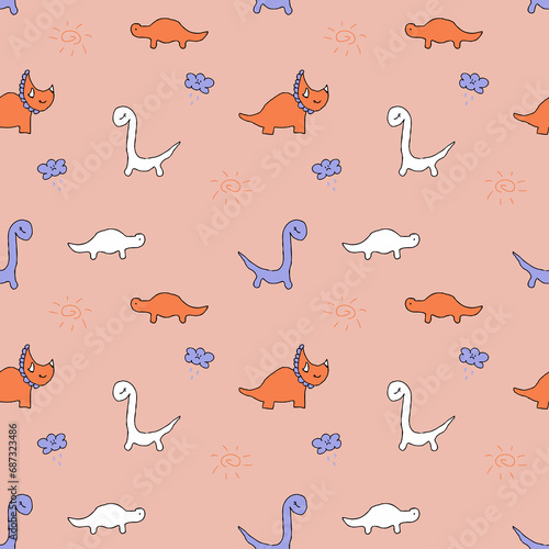 Fototapeta Naklejka Na Ścianę i Meble -  Childish seamless pattern with dinosaurs and rainy clouds. Summer print for tee, paper, textile and fabric. Cute illustration for decor and design.