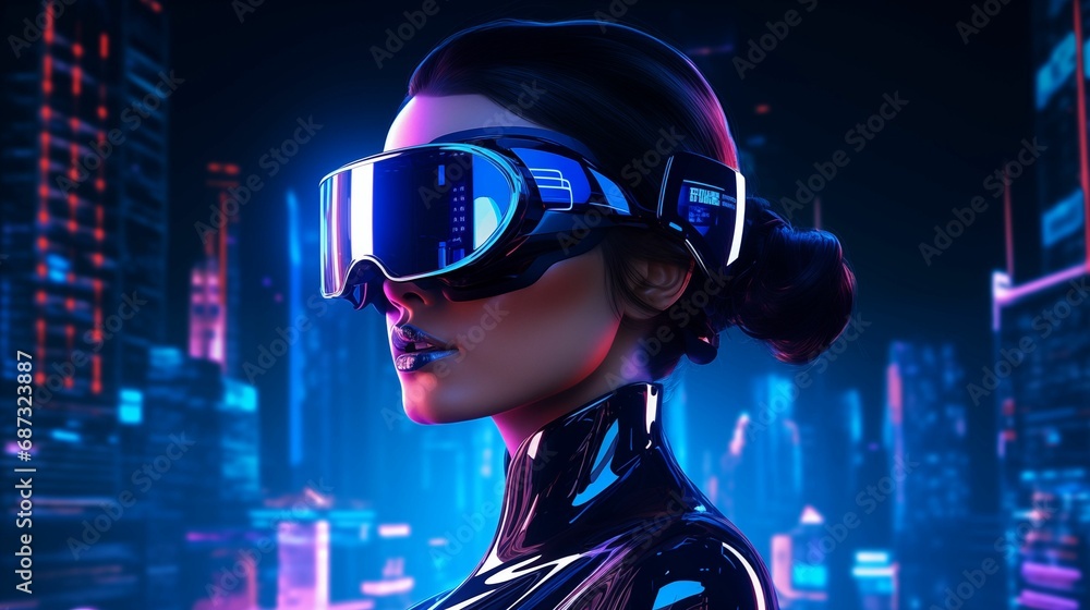 AI generated illustration of a woman wearing futuristic eyewear and a face mask
