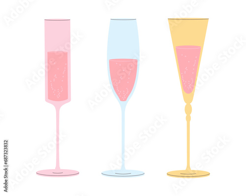 Wine glasses. Doodle holiday and wedding champagne glasses. Vector set