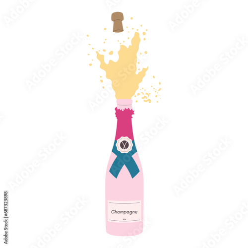The cork flies out of bottle of champagne with splashes. Vector illustration
