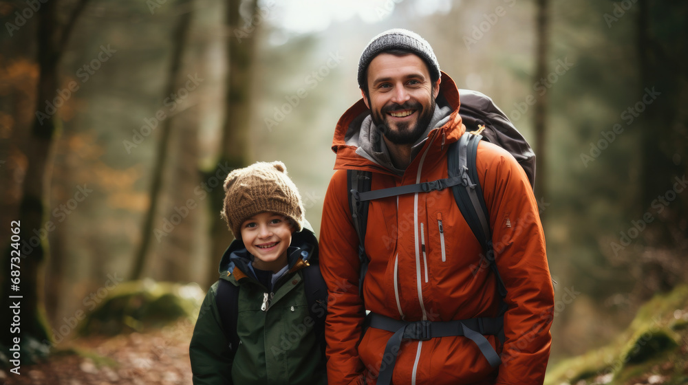 smiling son and father walking with backpacks through the forest, nature reserve, hiking, tall trees, blurred background, man, boy, trail, tourists, travel, hike, family, weekend together, child, kid smiling son and father walking with backpacks through the forest, nature reserve, hiking, tall trees, blurred background, man, boy, trail, tourists, travel, hike, family, weekend together, child, kid