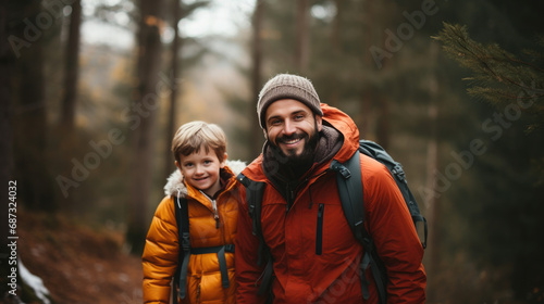 smiling son and father walking with backpacks through the forest  nature reserve  hiking  tall trees  blurred background  man  boy  trail  tourists  travel  hike  family  weekend together  child  kid