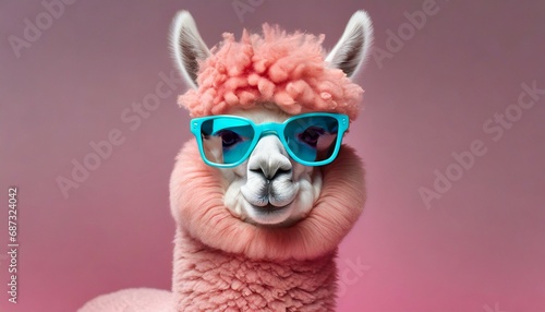 pink alpaca wearing turquoise sunglasses on pink background generative ai