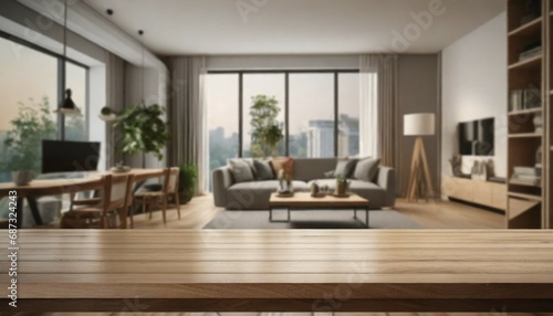 modern living room with table room with a table wood table with blurred modern apartment interior background modern living room with empty wooden tabletop with blurred living room ai generated © Irene