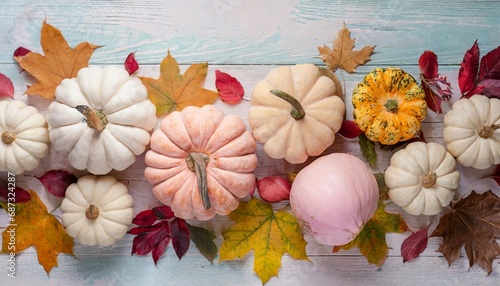 happy thanksgiving season celebration traditional pumpkins on decorated pastel table fall leaves background halloween decorations wood autumn cozy flat lay top view copy space