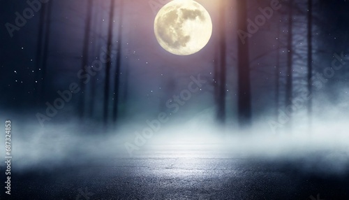 fog in spooky forest at moon light on asphalt abstract bokeh generative ai