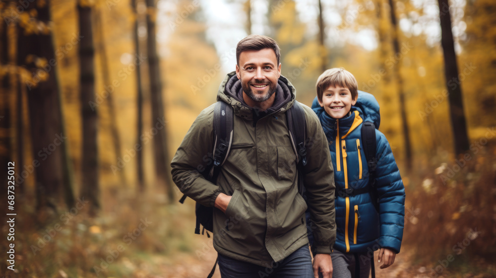 Fototapeta premium smiling son and father walking with backpacks through the forest, nature reserve, hiking, tall trees, blurred background, man, boy, trail, tourists, travel, hike, family, weekend together, child, kid