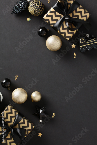 Christmas vertical banner template with chic gift boxes and gold ball ornaments on black background.