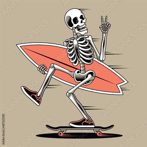 vector illustration of a skull riding a skateboard and carrying a surfboard