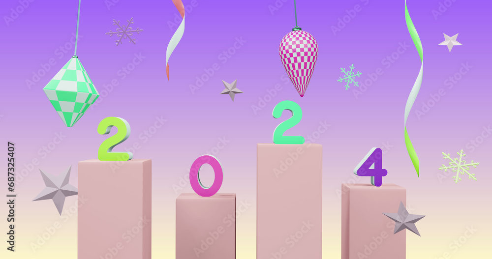 Image of 2024 number over new year and christmas decorations on purple background Image of 2024 number over new year and christmas decorations on purple background