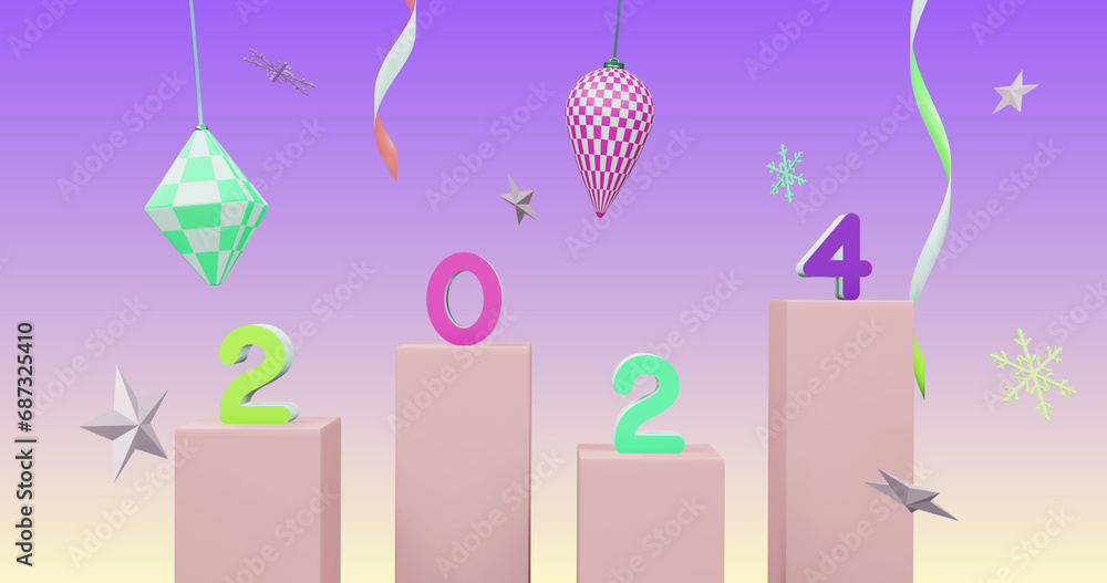 Image of 2024 number over new year and christmas decorations on purple background Image of 2024 number over new year and christmas decorations on purple background