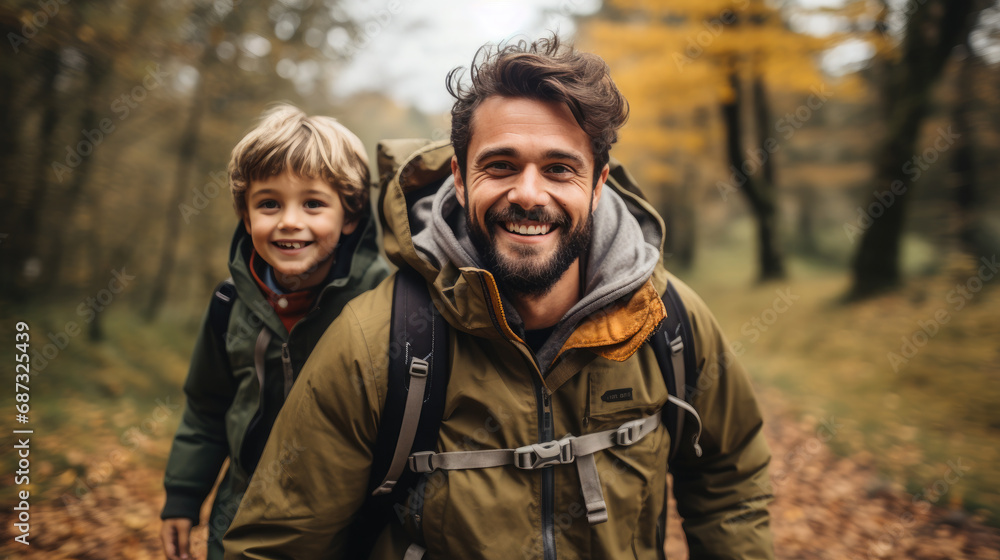 smiling son and father walking with backpacks through the forest, nature reserve, hiking, tall trees, blurred background, man, boy, trail, tourists, travel, hike, family, weekend together, child, kid