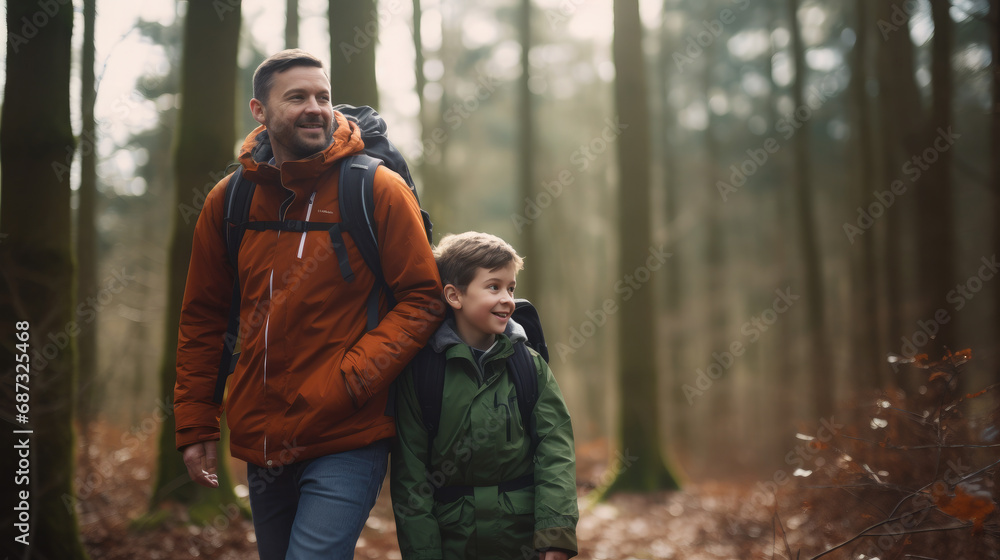 Fototapeta premium smiling son and father walking with backpacks through the forest, nature reserve, hiking, tall trees, blurred background, man, boy, trail, tourists, travel, hike, family, weekend together, child, kid