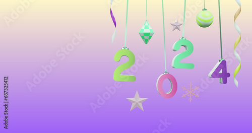 Image of 2024 number over new year and christmas decorations on purple background