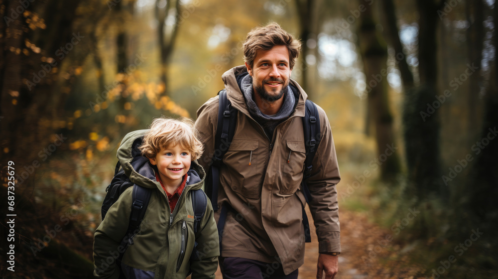 smiling son and father walking with backpacks through the forest, nature reserve, hiking, tall trees, blurred background, man, boy, trail, tourists, travel, hike, family, weekend together, child, kid smiling son and father walking with backpacks through the forest, nature reserve, hiking, tall trees, blurred background, man, boy, trail, tourists, travel, hike, family, weekend together, child, kid