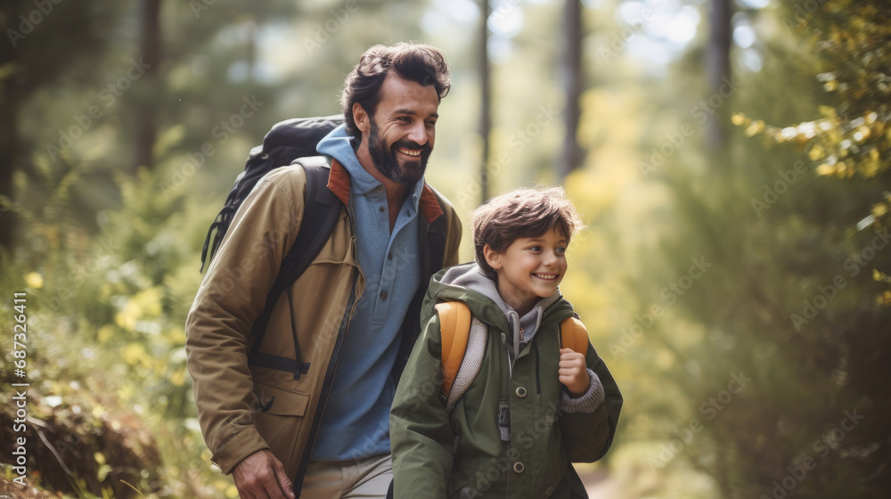 smiling son and father walking with backpacks through the forest, nature reserve, hiking, tall trees, blurred background, man, boy, trail, tourists, travel, hike, family, weekend together, child, kid