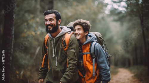 Wallpaper Mural smiling son and father walking with backpacks through the forest, nature reserve, hiking, tall trees, blurred background, man, boy, trail, tourists, travel, hike, family, weekend together, child, kid Torontodigital.ca
