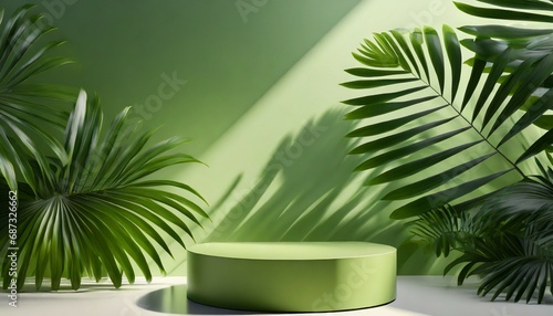 3d background with podium display nature pedestal tropical palm leaf cosmetic beauty product promotion green stand with exotic plant sun shadow studio 3d render illustration mockup