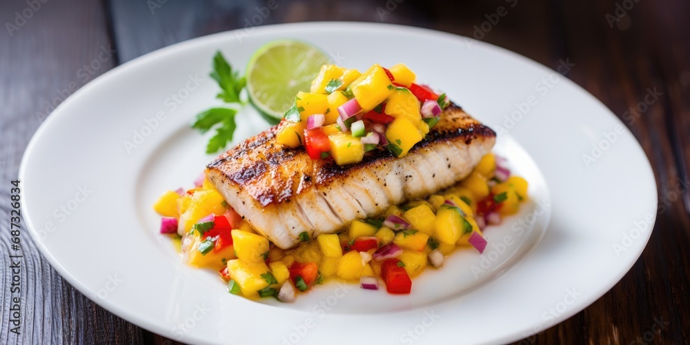 A Delicious Plate of Grilled Mahi Mahi Tuna Fish with Mango Salsa A Delicious Plate of Grilled Mahi Mahi Tuna Fish with Mango Salsa