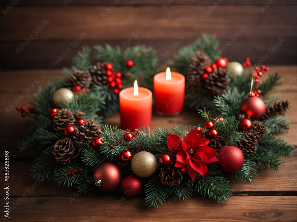 beautiful christmas wreath on a wooden background with candle