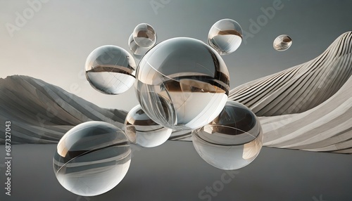 a collection of levitating translucent globes abstract shape 3d render style on a background generative ai
