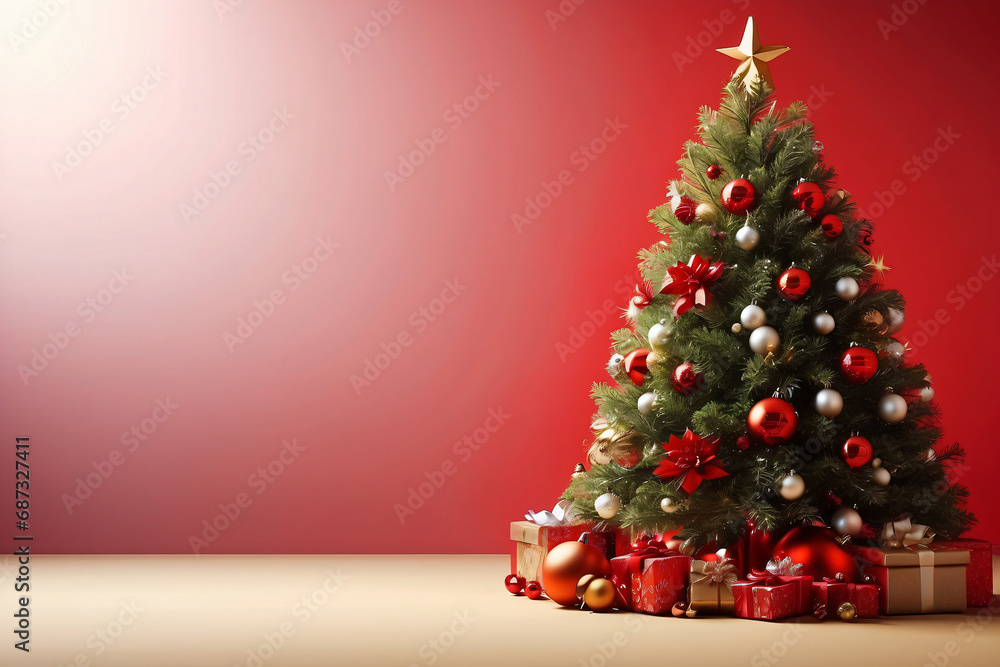 christmas tree and decorations and boxes in a red background christmas tree and decorations and boxes in a red background