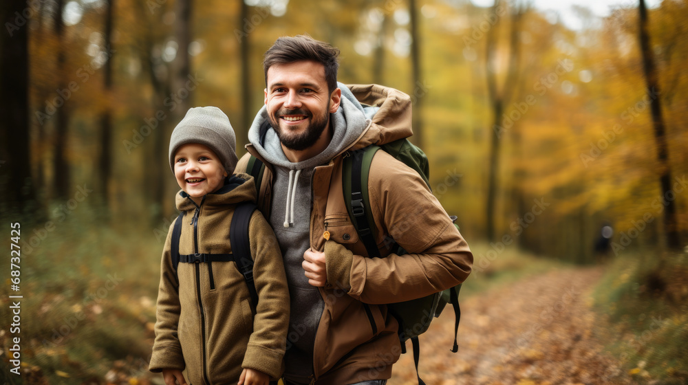 smiling son and father walking with backpacks through the forest, nature reserve, hiking, tall trees, blurred background, man, boy, trail, tourists, travel, hike, family, weekend together, child, kid smiling son and father walking with backpacks through the forest, nature reserve, hiking, tall trees, blurred background, man, boy, trail, tourists, travel, hike, family, weekend together, child, kid
