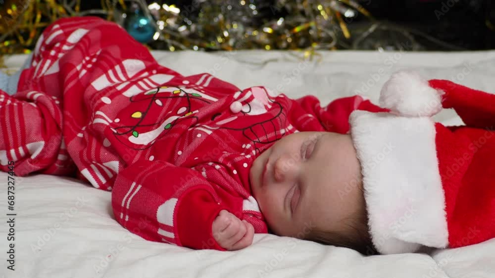 Sleeping, two week old, newborn, baby boy wearing a crocheted Santa hat with snowman plush toy. happy girl in santa claus hat hold hand demonstrate x-mas newyear advert promo wear warm winter clothes Sleeping, two week old, newborn, baby boy wearing a crocheted Santa hat with snowman plush toy. happy girl in santa claus hat hold hand demonstrate x-mas newyear advert promo wear warm winter clothes