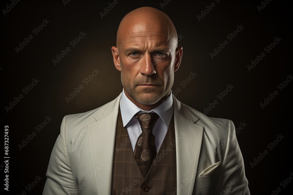 A modern and elegant bald man, 48 years old. A modern and elegant bald man, 48 years old.