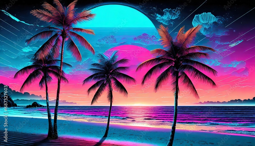 aesthetic beach synthwave retrowave wallpaper with a cool and vibrant neon design generative ai