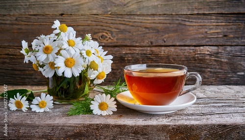 herbal tea with fresh chamomile flowers on old wooden background still life with a cup of tea with a bouquet of daisies on the table generative ai