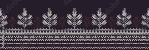 Abstract ethnic pixel border pattern flower. Aztec fabric boho mandalas India sari border design textile wallpaper. Tribal native motif African American saree borders Saree embroidery vector 