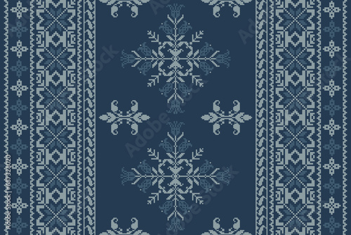 Abstract ethnic pixel border pattern flower. Aztec fabric boho mandalas India sari border design textile wallpaper. Tribal native motif African American saree borders Saree embroidery vector 