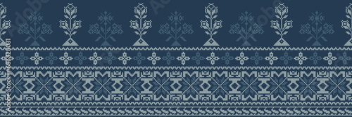Abstract ethnic pixel border pattern flower. Aztec fabric boho mandalas India sari border design textile wallpaper. Tribal native motif African American saree borders Saree embroidery vector 