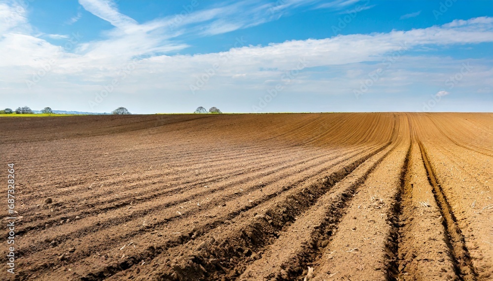 plowed farmland with brown soil and a blue sunny sky