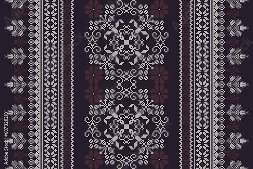 Abstract ethnic pixel border pattern flower. Aztec fabric boho mandalas India sari border design textile wallpaper. Tribal native motif African American saree borders Saree embroidery vector 