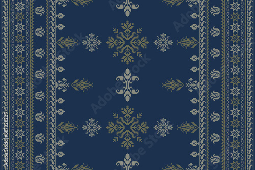 Abstract ethnic pixel border pattern flower. Aztec fabric boho mandalas India sari border design textile wallpaper. Tribal native motif African American saree borders Saree embroidery vector 