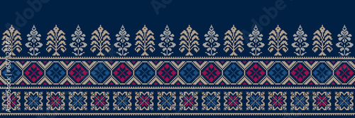 Abstract ethnic pixel border pattern flower. Aztec fabric boho mandalas India sari border design textile wallpaper. Tribal native motif African American saree borders Saree embroidery vector 