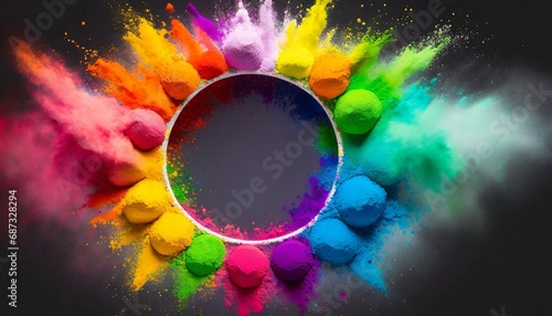 colorful rainbow holi paint color powder explosion ring circle with copy space on white background peace rgb beautiful party concept