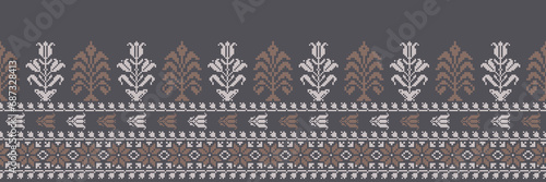 Abstract ethnic pixel border pattern flower. Aztec fabric boho mandalas India sari border design textile wallpaper. Tribal native motif African American saree borders Saree embroidery vector 