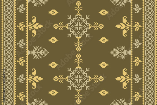 Abstract ethnic pixel border pattern flower. Aztec fabric boho mandalas India sari border design textile wallpaper. Tribal native motif African American saree borders Saree embroidery vector 
