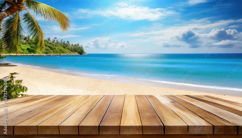 tropical fine sandy beach with blured sea sun sky clouds background with wooden table top and empty space for product advertisement montage of summer relaxation background