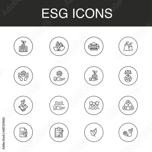 Environmental, Social, and Governance (ESG) set of icons (business, environmental, investors, stakeholders)
