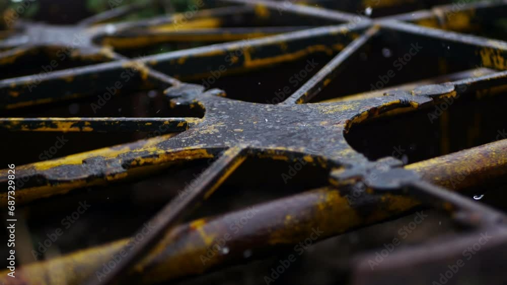 The lattice of a fallen fence during heavy snowfall in above-zero temperatures. Remnants of yellow paint and rust are visible on the fence. The lattice of a fallen fence during heavy snowfall in above-zero temperatures. Remnants of yellow paint and rust are visible on the fence.