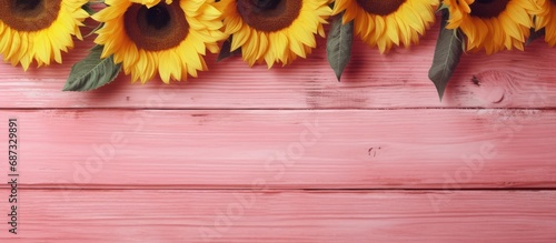 Copy space background. sunflowers on pink wood photo