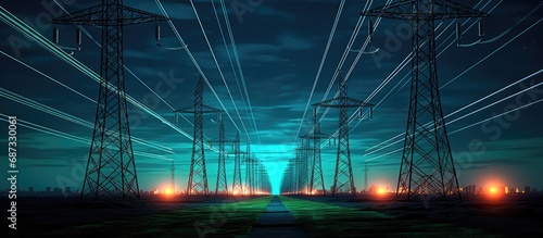 Electric transmission tower with neon blue cables at night with sky lights flashing blue, orange, green